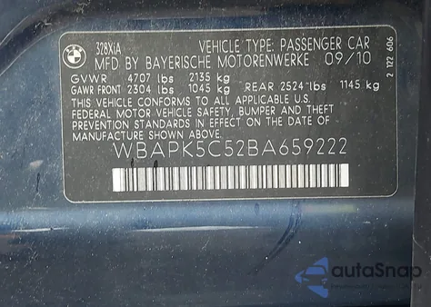 2011 BMW 328I xDrive из США, поврежденный, VIN WBAPK5C52BA659222